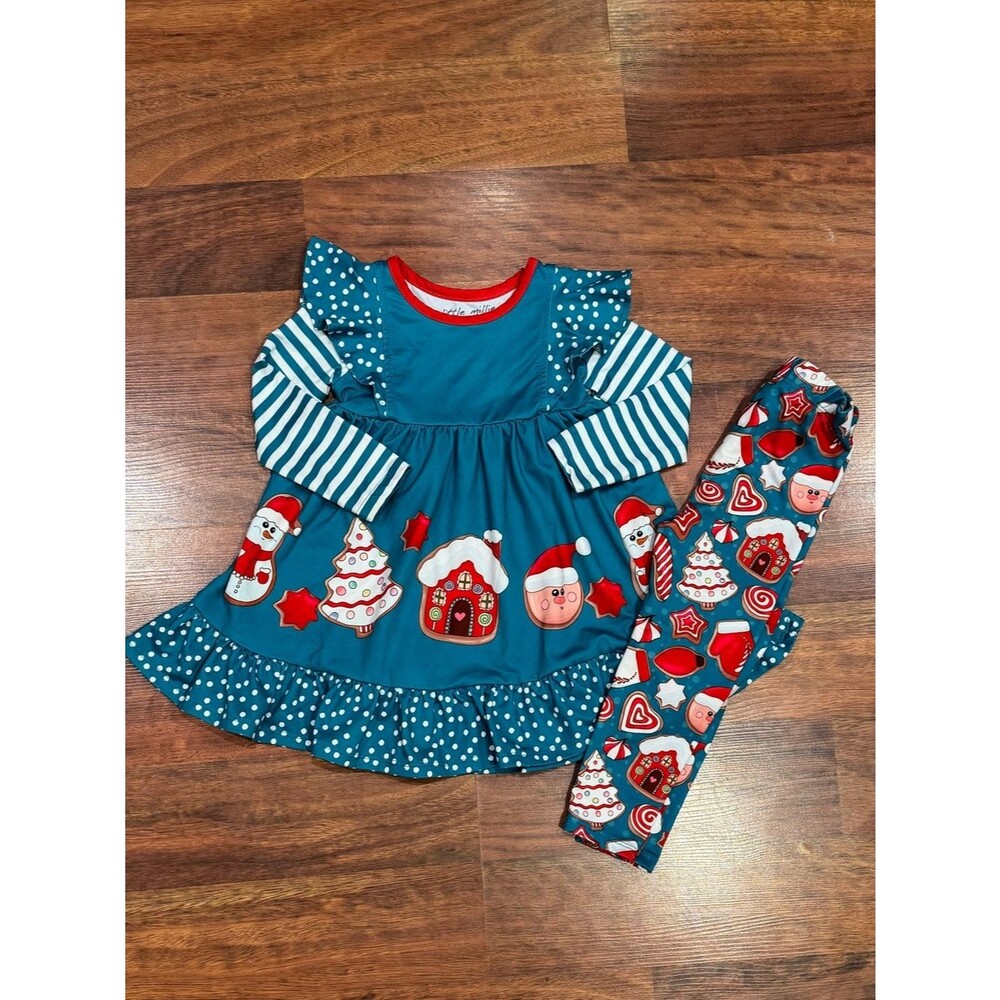 Little Millie - Teal Christmas Dress & Leggings Set